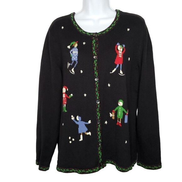 NEW Appleseeds Christmas Holiday Cardigan Sweater L People Ice Skater Snowballs - Picture 1 of 4